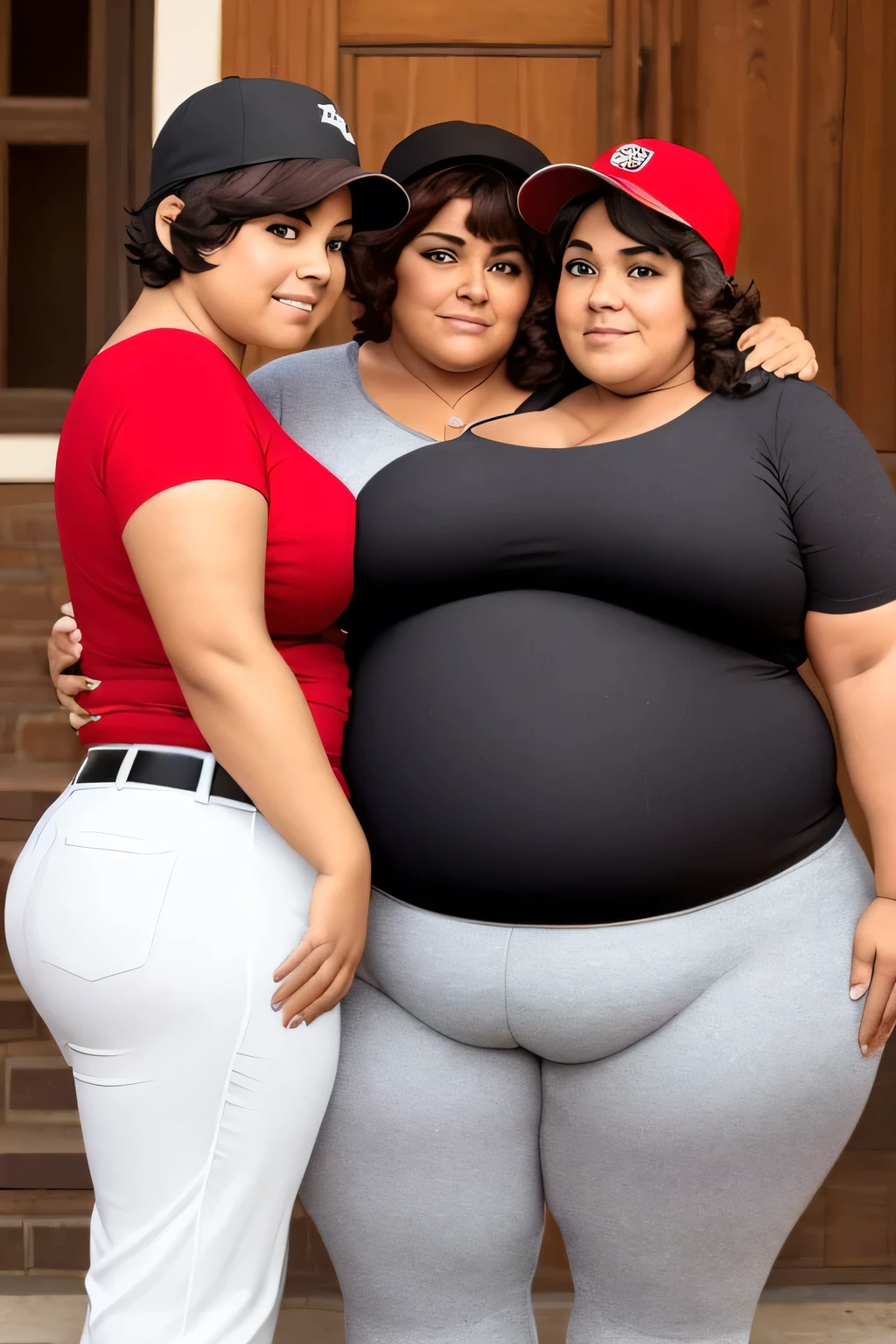 four extremely old and extremely fat latino women hugging, huge bust, 300 pounds, black pants, large stomach, lovehandles, sad, bbw, plus size woman, wearing baseball cap, belt, massive and gigantic belly, red shirt, hand on stomach, short hair 