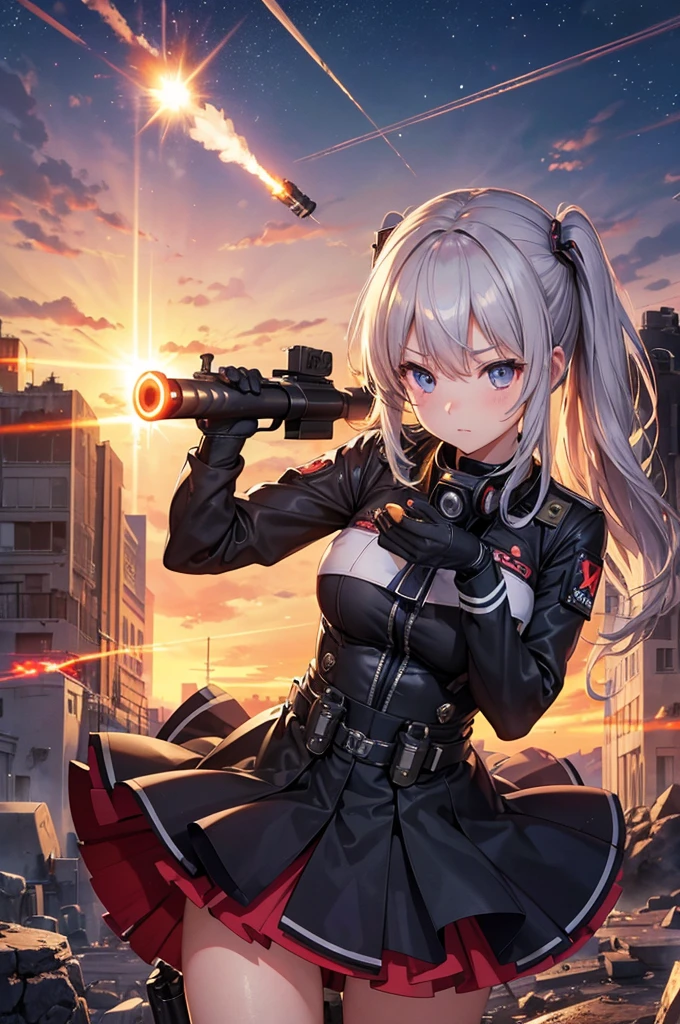 (16K,Ultra-high resolution,Highest quality,masterpiece,Super detailed,Attention to detail,Very vivid CG),Photographed from the front,((A futuristic high school girl firing a bazooka)),Japanese((Flash from the gun muzzle:1.3)),Anatomically correct body,Highly detailed facial features, Beautiful and perfect face, Perfect Eyes,Best Anime,The best CG,Ruined city at sunset,A very close full moon,Detailed background,blast,Shooting close to the face
