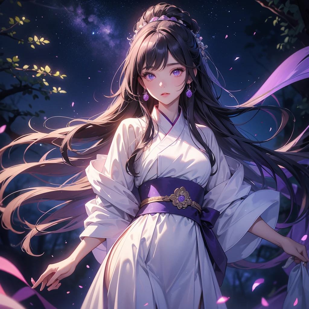 A beautiful female in white hanfu dress , Standing in the middle of Background is a dark moonless night, with dry trees in the background, and purple glowing light , close up.