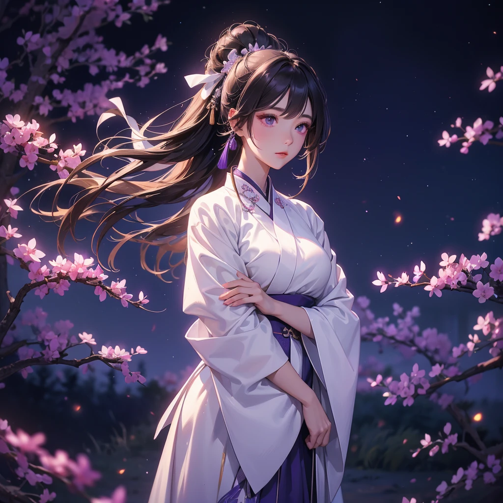 A beautiful female in white hanfu dress , Standing in the middle of Background is a dark moonless night, with dry trees in the background, and purple glowing light , close up.