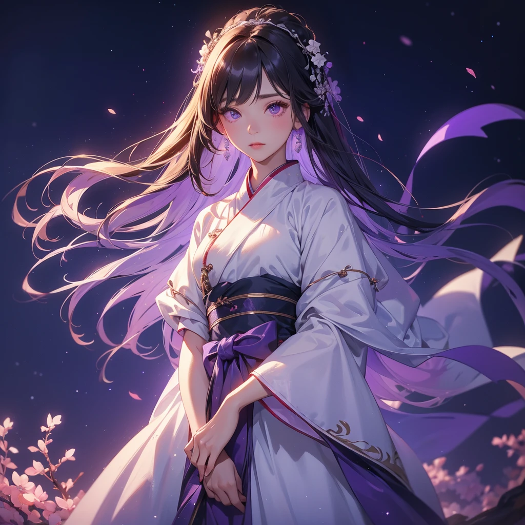 A beautiful female in white hanfu dress , Standing in the middle of Background is a dark moonless night, with dry trees in the background, and purple glowing light , close up.