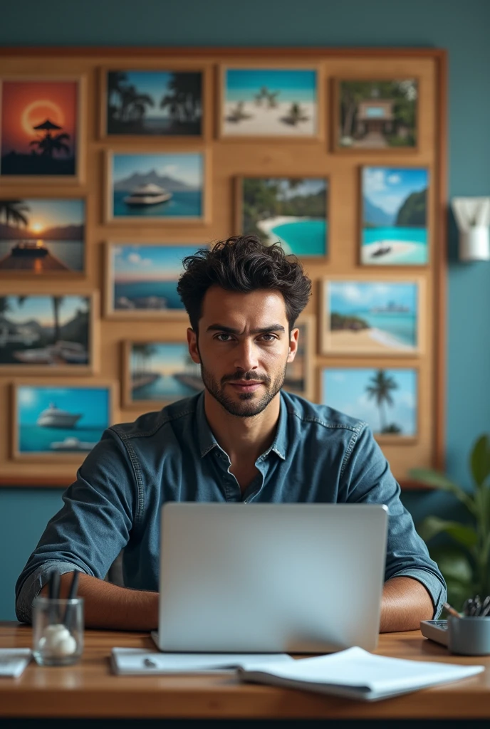 A energitic man sitting at a desk with a vision board on the wall filled with pictures of dream homes, cars , travel destinations, and inspirational quotes. The person is intently working on a laptop with a focused expression.