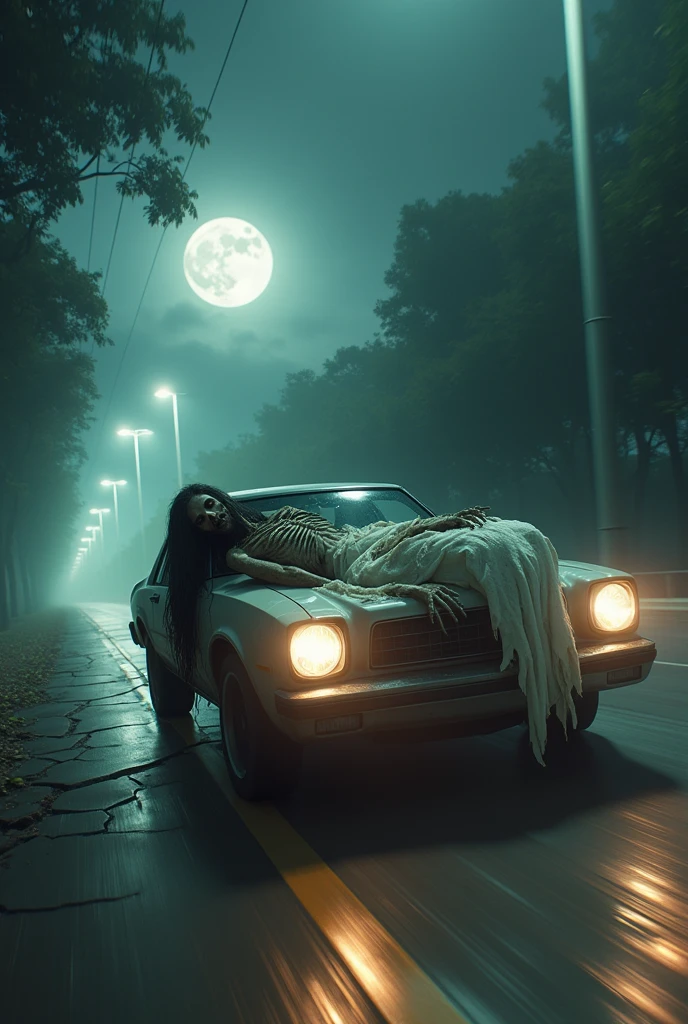 a long-haired zombie,zombie face. Ugly ghost.long hair cover face , ghost, ju-on , lying down pronebone on the roof of a car, wearing a ripped long white dress, car drifting. Car move fast , epic. High shutter speed. , dramatic lighting, cinematic atmosphere, moody color tones, high contrast, photorealistic, 8K, masterpiece, ultra-detailed. At night. Flash photography. In jungle scene. Horror scene. Car turn on light . Drive in car shocked. Moon background. 12 am. Fog night. Wet night. Road cracking. Lot of Street light.