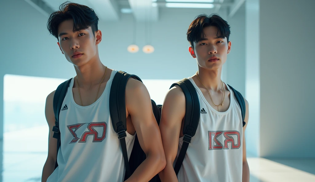 (photorealism:1.2),Two sportwear fashion handsome 18 yrs. old, k pop Asian male model, runway show full body holding sports bag pack, tank top casual wear style, SXR logo design, ultra-detailed, film photography, light leaks, trending on sportwear, sharp focus, studio photo, futuristic details, highly detailed