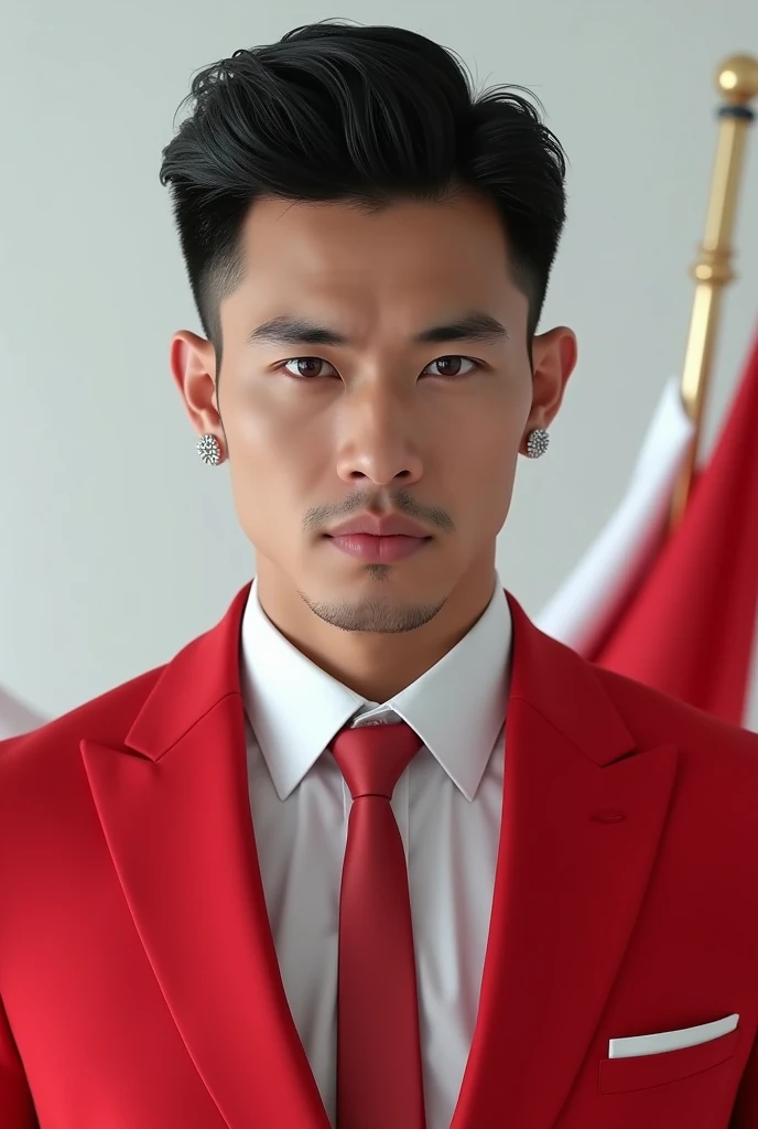 Portrait, handsome man, Short hair, Black Hair, Holding Indonesian Flag, White Shirt, Focus Camera, Earrings, Red Blazer, Red Tie, White Background