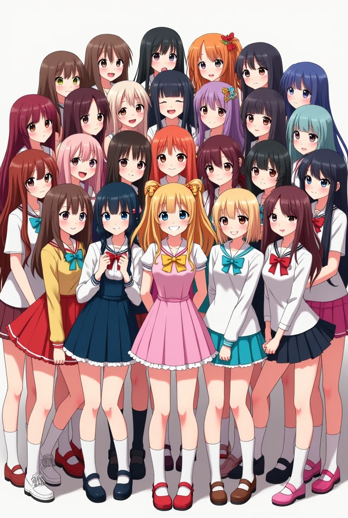 500 long-haired anime girls wearing colorful short skirts and hirajuku are pressed against each other, smiling slightly and taking a frontal group photo.