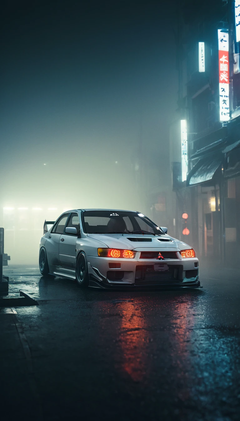 (intrincated details:1.2), (photorealistic), (masterpiece), (photography), cinematic lighting, cyberpunk city, fog, Mitsubishi Lancer Evolution Sedan 1992-2015, ground vehicle, motor vehicle, no humans, scenery, solo, vehicle focus, night time, front quarter