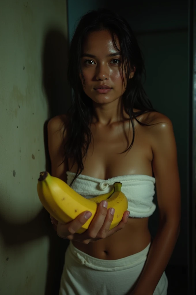 At night in a simple house, beautiful young Indonesian woman, good body, sweaty, face wet like milk, wearing a towel, big chest, in front of her there is a hand giving a big banana, against a dull wall, wet hair, low light
