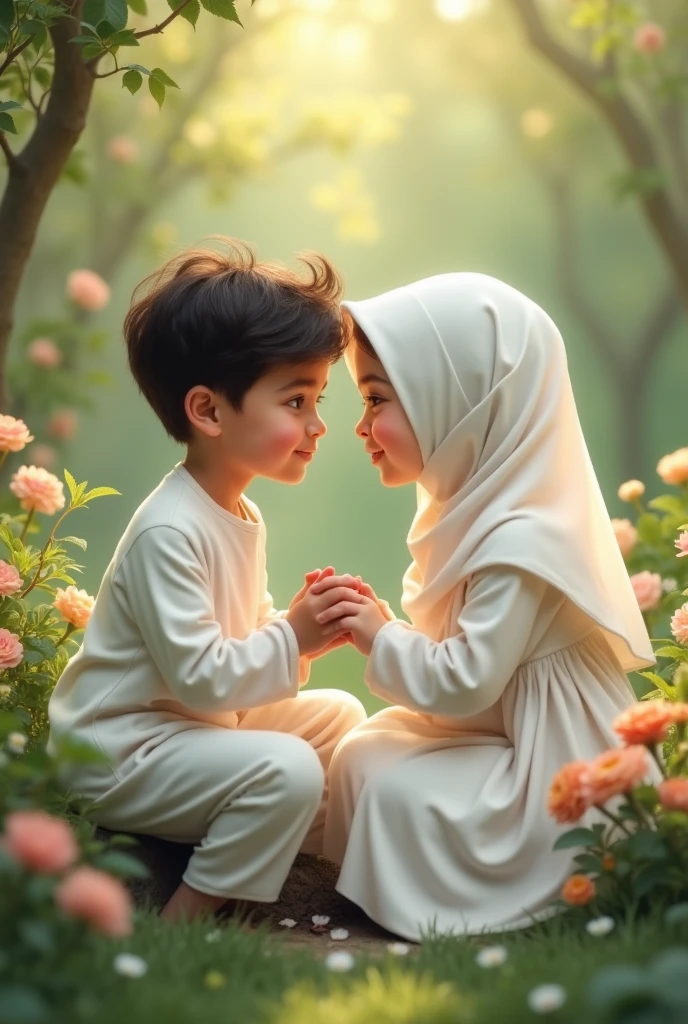 A Islamic boy and a Islamic girl with white dress, a catching hand each other, sitting in the garden, Boy name mahad and girl name my Jan A.