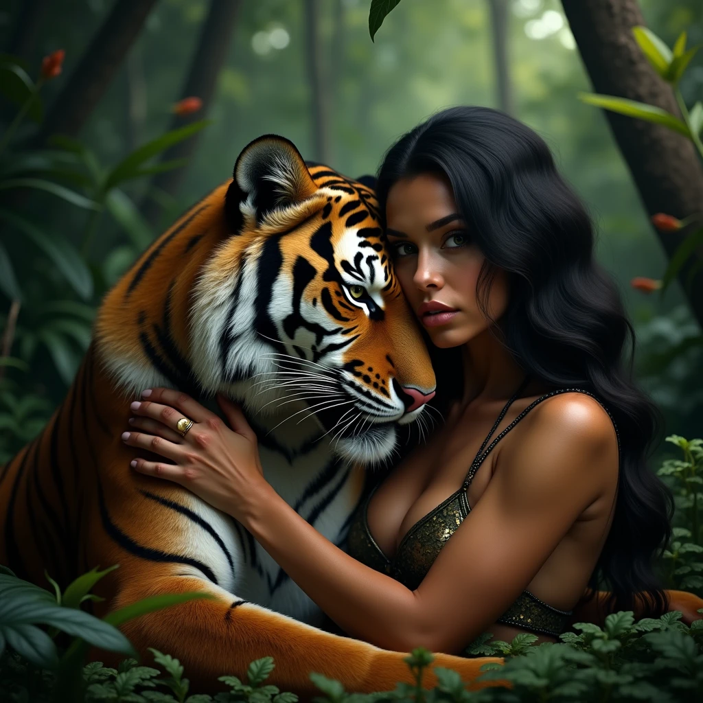 a tiger cuddling with a dark-haired amazon woman in the jungle, hyper realistic, 4k, 8k, detailed eyes, detailed lips, extremely detailed face and eyes, long eyelashes, beautiful detailed portrait, cinematic lighting, vibrant colors, dramatic shadows, lush tropical environment, dense foliage, exotic plants, detailed textures, photorealistic, highly detailed, masterpiece, award winning art