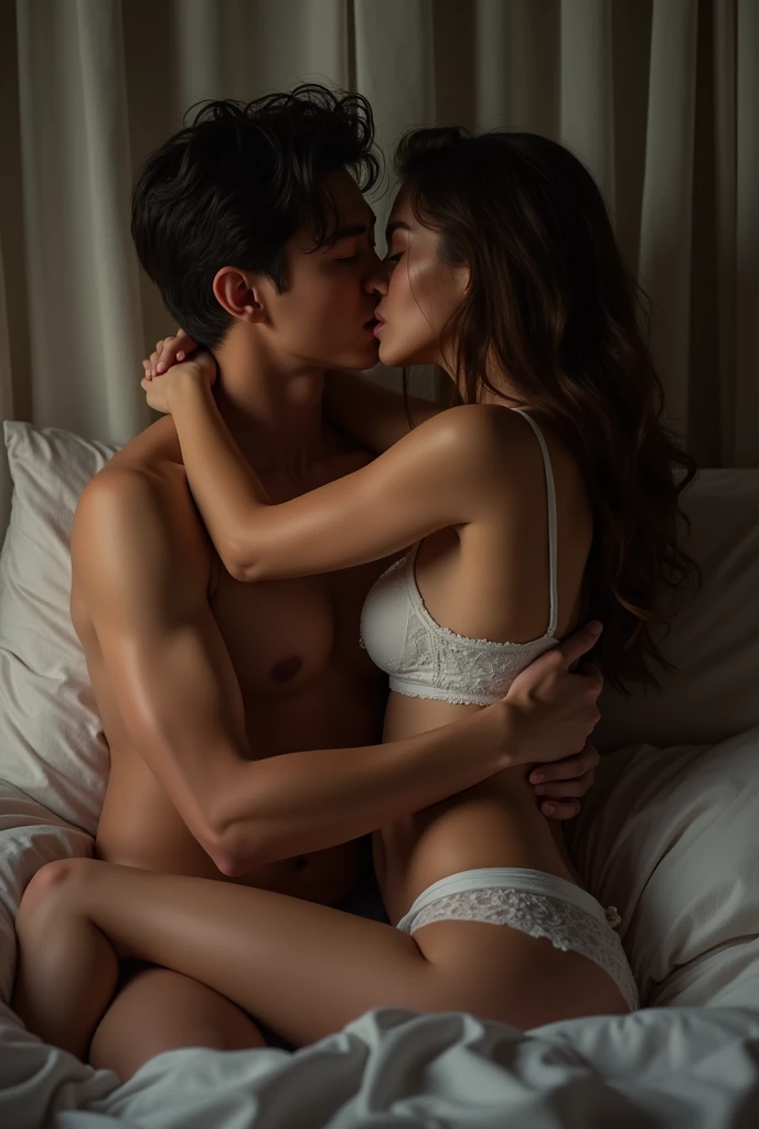 A boy and a a sexy on the bed the first kiss the and remove the bra and underwear of the and start the sex