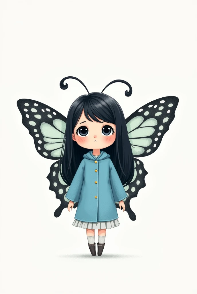 A cute little butterfly with long straight black hair and a blue outfit on a white background in the shape of a drawing for a brand logo and that it is a little less white and that it is looking at the screen