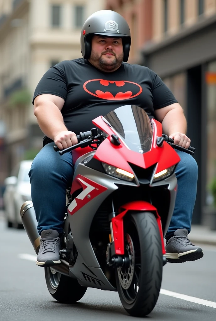Fat guy riding yamaha r15 v3 with red and grey color, wearing grey red helmet, black tshirt with red batman logo, blue jeans, grey adidas shoes