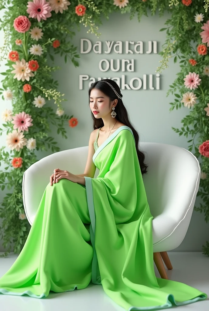 Create 3D picture of a beautiful 1 girl sitting on the white sofa set chair, the girl is wearing a neon green saree, background wall decorate in flower and leaves and written on capital Big font white colour "Dayaram and Parvati are  colour look like angel.


