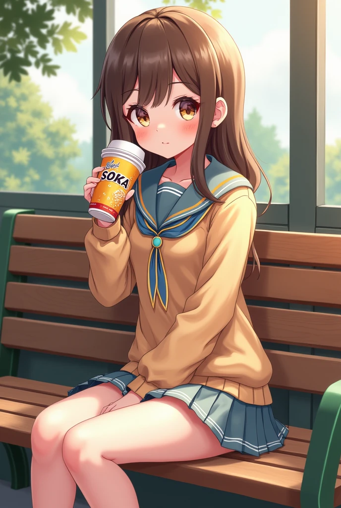 anime girl sitting on a bench with a cup of coffee, cute anime girl, anime style illustration, soda themed girl, beautiful anime high school girl, a hyperrealistic schoolgirl, anime girl, young anime girl, beautiful anime girl, anime girl drinks energy drink, anime style 4 k, digital anime illustration, retro anime girl, anime visual of a cute girl