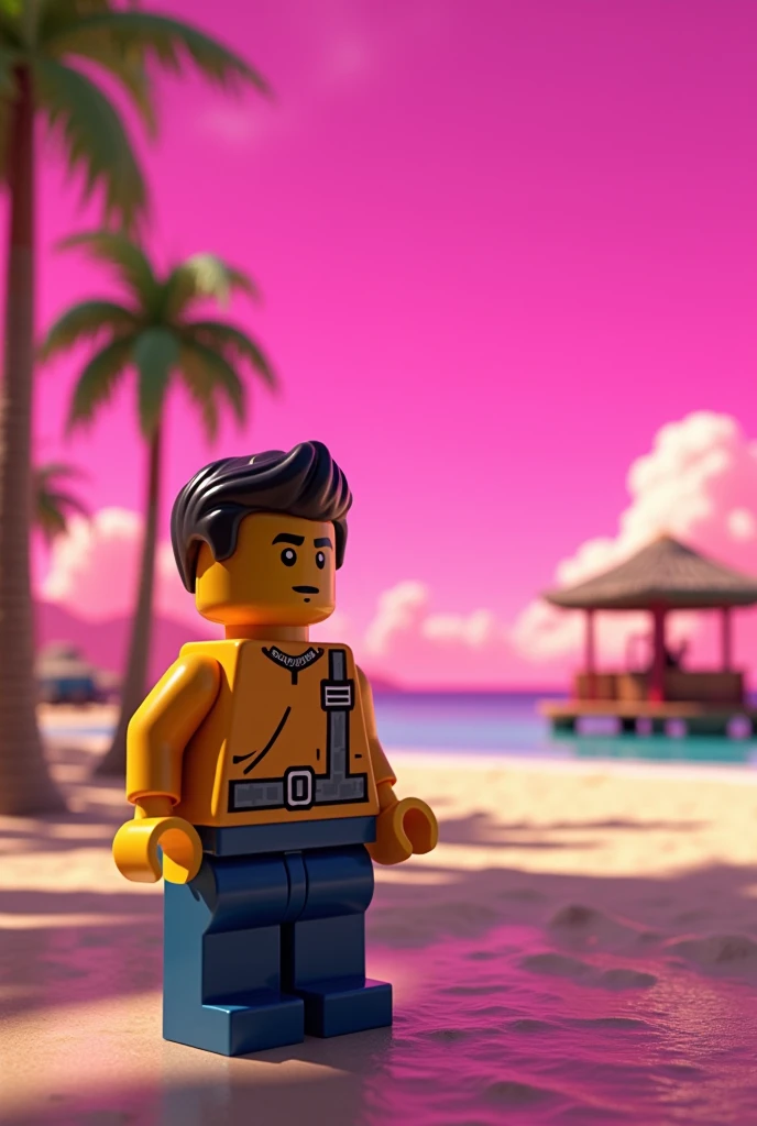 a lego man leaning on a classic, cartoon, Vice City GTA, pink sky beach background