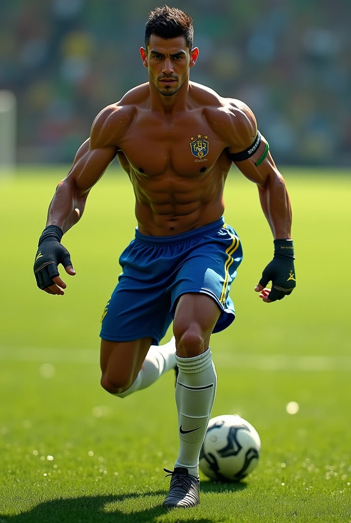 Imagine a shirtless brazilian soccer player wearing knee high socks and fingerless gloves