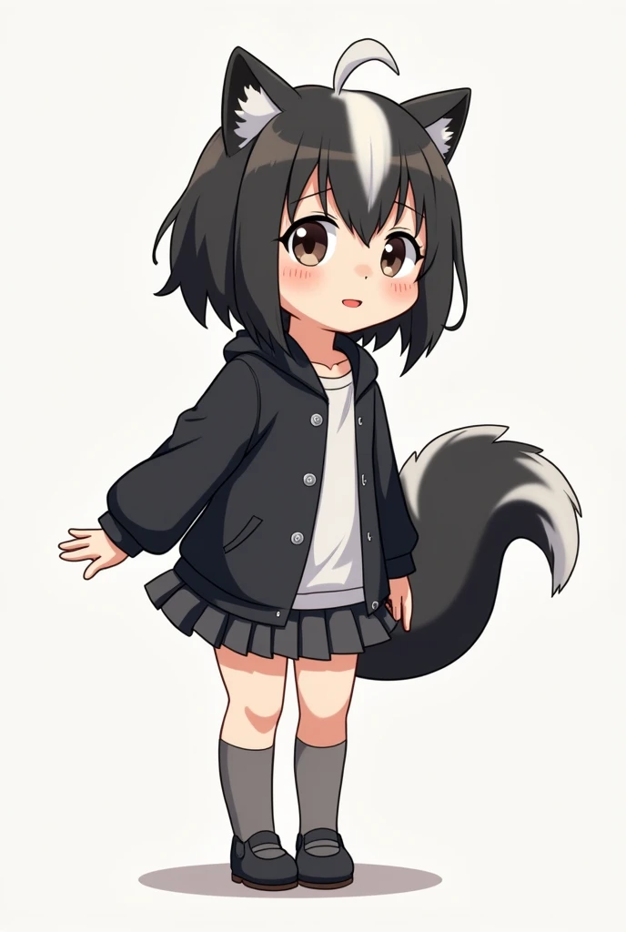 One of the humans、Girlish、anime、animeチック、Skunk ears and tail、child、Fart、solo、Black and white clothes