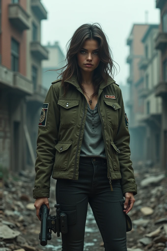 Woman in jacket armed in the middle of zombie apocalypse city
