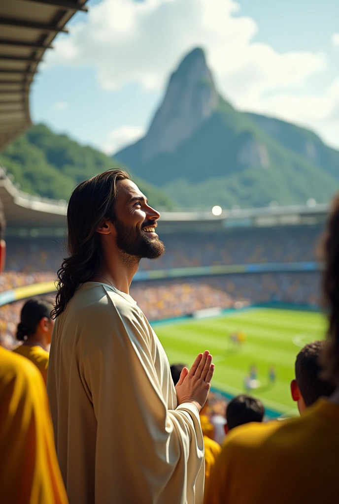 Image of Jesus smiling while watching a Brazil vs Germany game at a football stadium in Rio de Janeiro