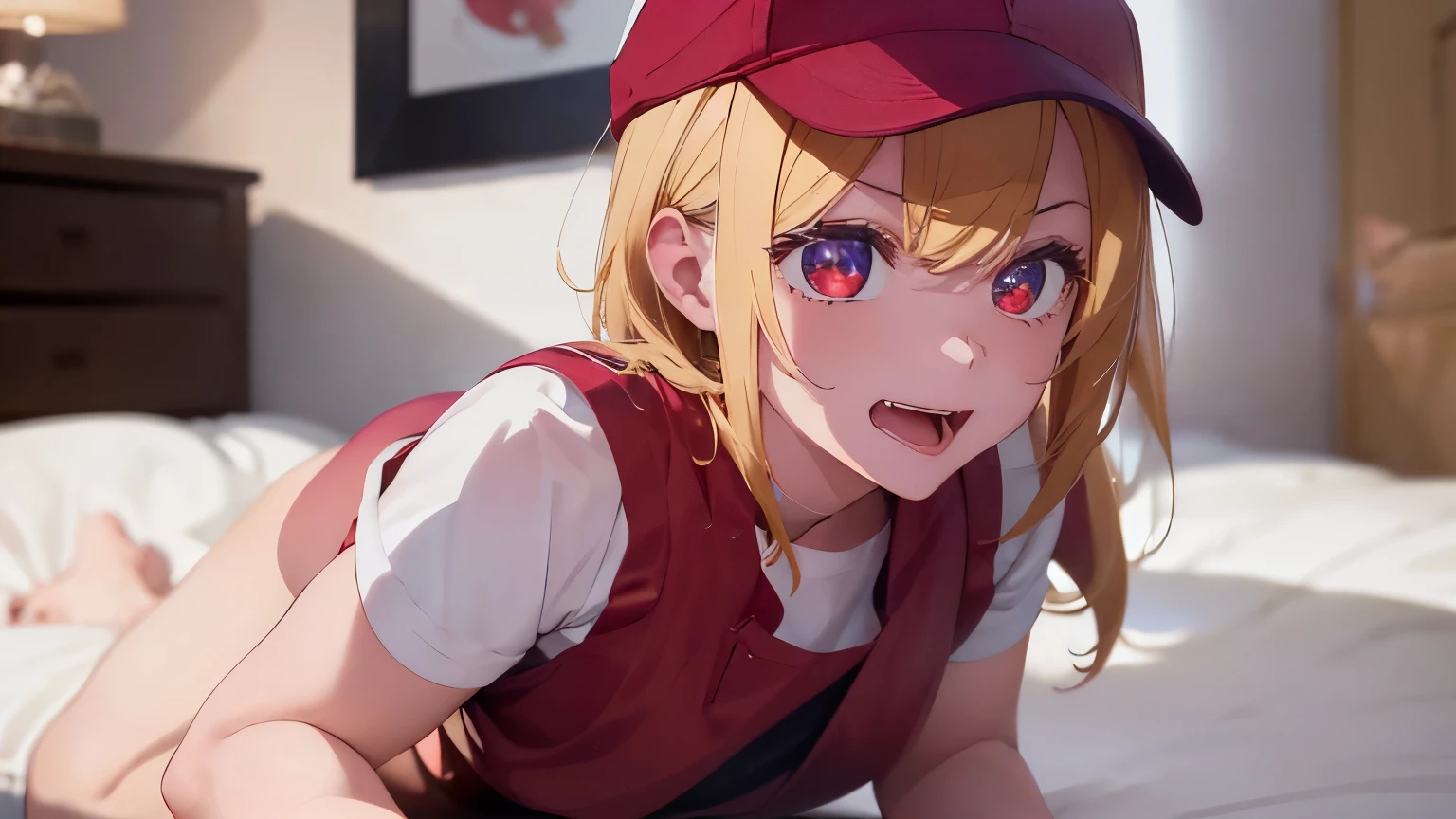 a 2 girl (having anal sex ) (His face shows pleasure and excitement) (with arms on the bed and butt raised) with short blonde hair, eyes the color of honey, and a slim body, crouching on a bed. his face is refined, and wears a red pizza delivery uniform. She wears a cap that matches the red color of her uniform and a red skirt..