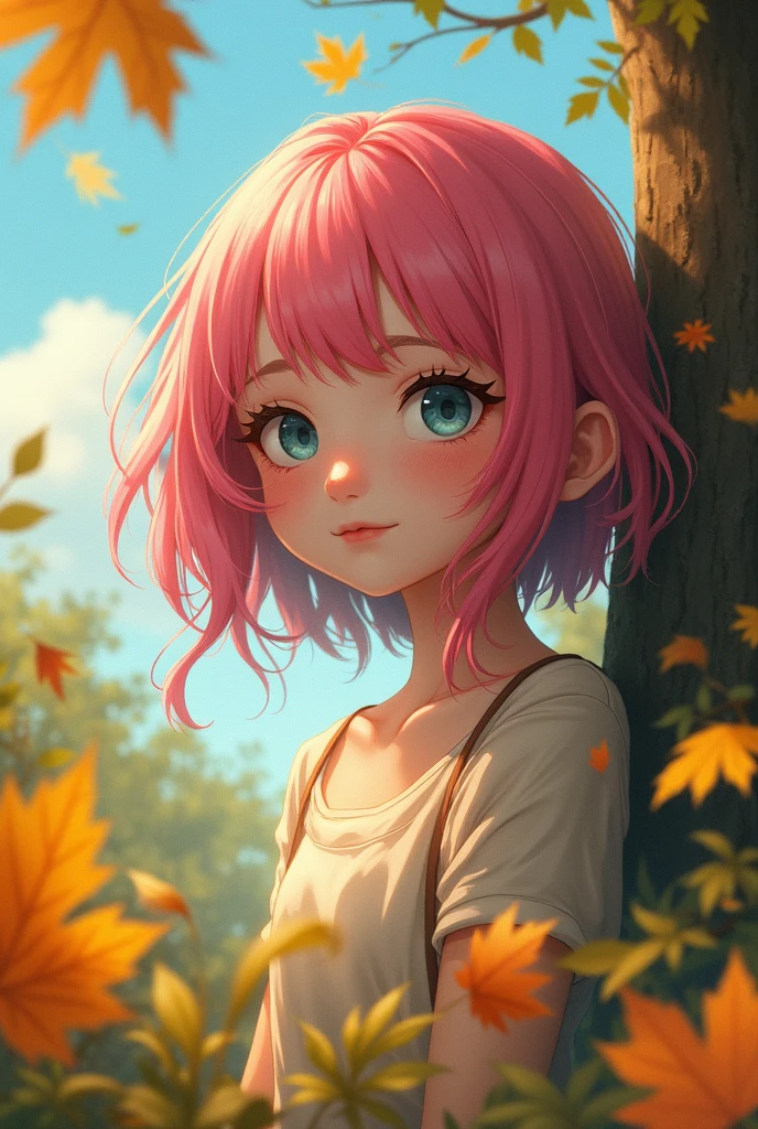 1 girl, Multicolored pink hair, upperbody,nature, forest, autumn, yellow leaf, clear sky
