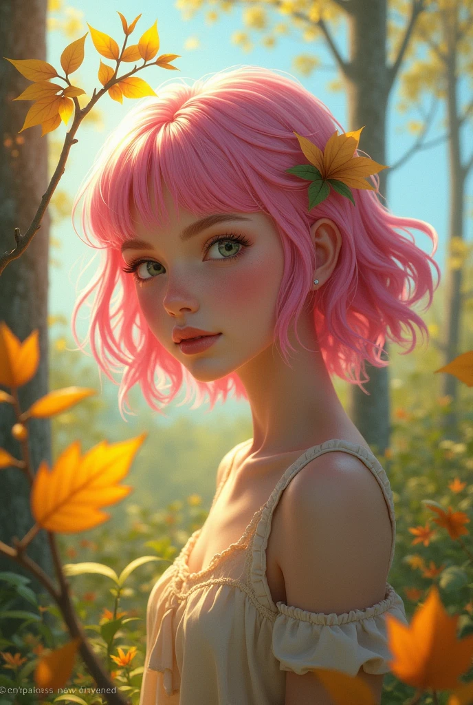 1 girl, Multicolored pink hair, upperbody,nature, forest, autumn, yellow leaf, clear sky