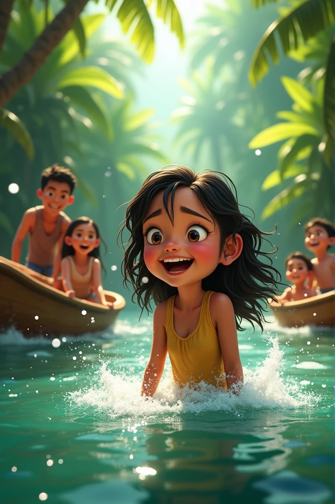  Latina girl playing in the Amazon rivers with her family and friends drawing pixar style 