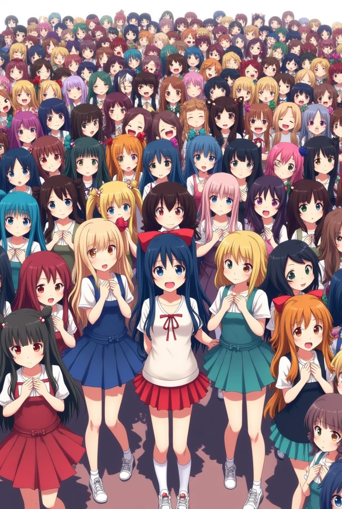 5,000 long-haired anime girls wearing colorful short skirts and hirajuku are pressed against each other, smiling slightly and taking a frontal group photo.