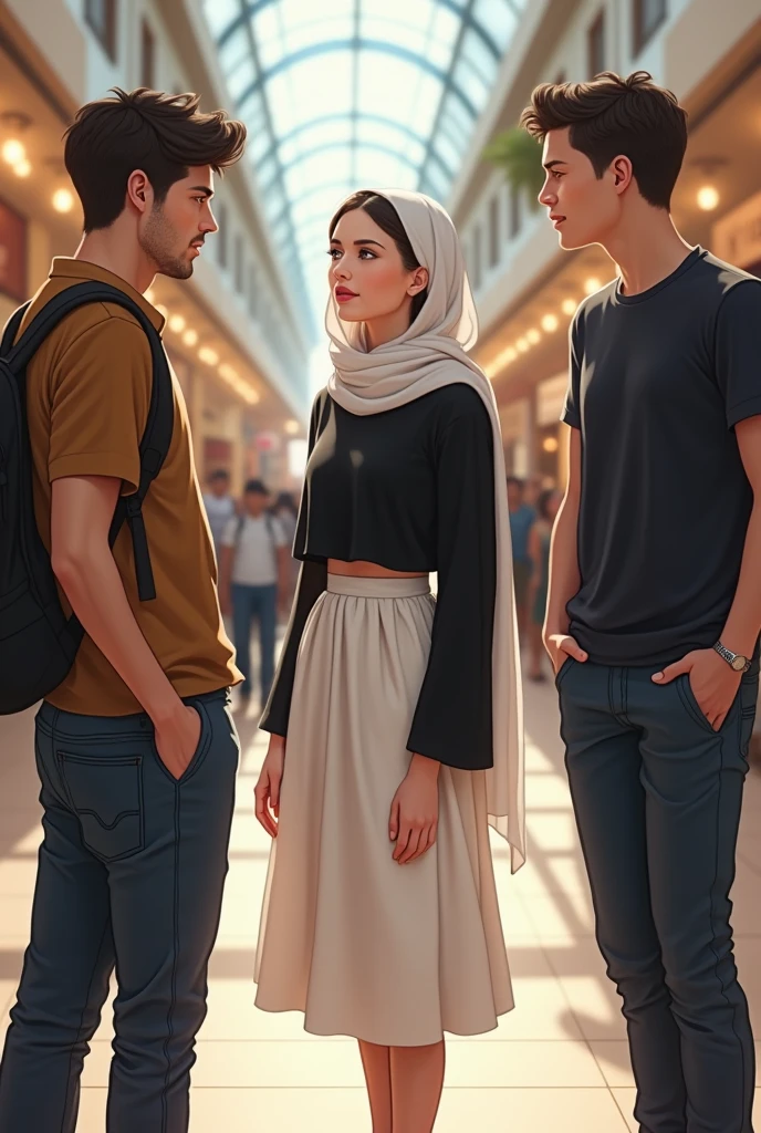European white headscarf, black long sleeve t shirt, white skirt, barefoot, Woman talking to male friends in shopping mall.