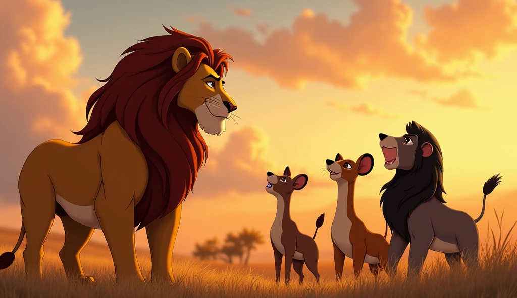 "The lion relaxes his expression as he agrees to the animals' proposal. He nods his head slightly, looking pleased with the idea of not having to hunt anymore, while the animals stand in relief."