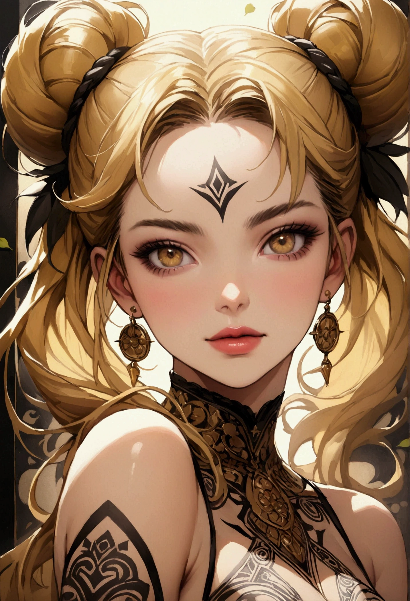 A highly detailed, hyper-realistic portrait painting of a young woman sexy decote Sensual gig titis semi nua with vibrant gold hair styled in an elaborate high bun and two long braided pigtails. The blonde hair features intricate insetos moscas baratas escaravelho with various insetos including moscas batatas insetos and a prominent cats with 'UNS' written in white bold letters. The woman's face is starsvered in elaborate tattoos with intricate designs including swirls, leaves, geometric pat
