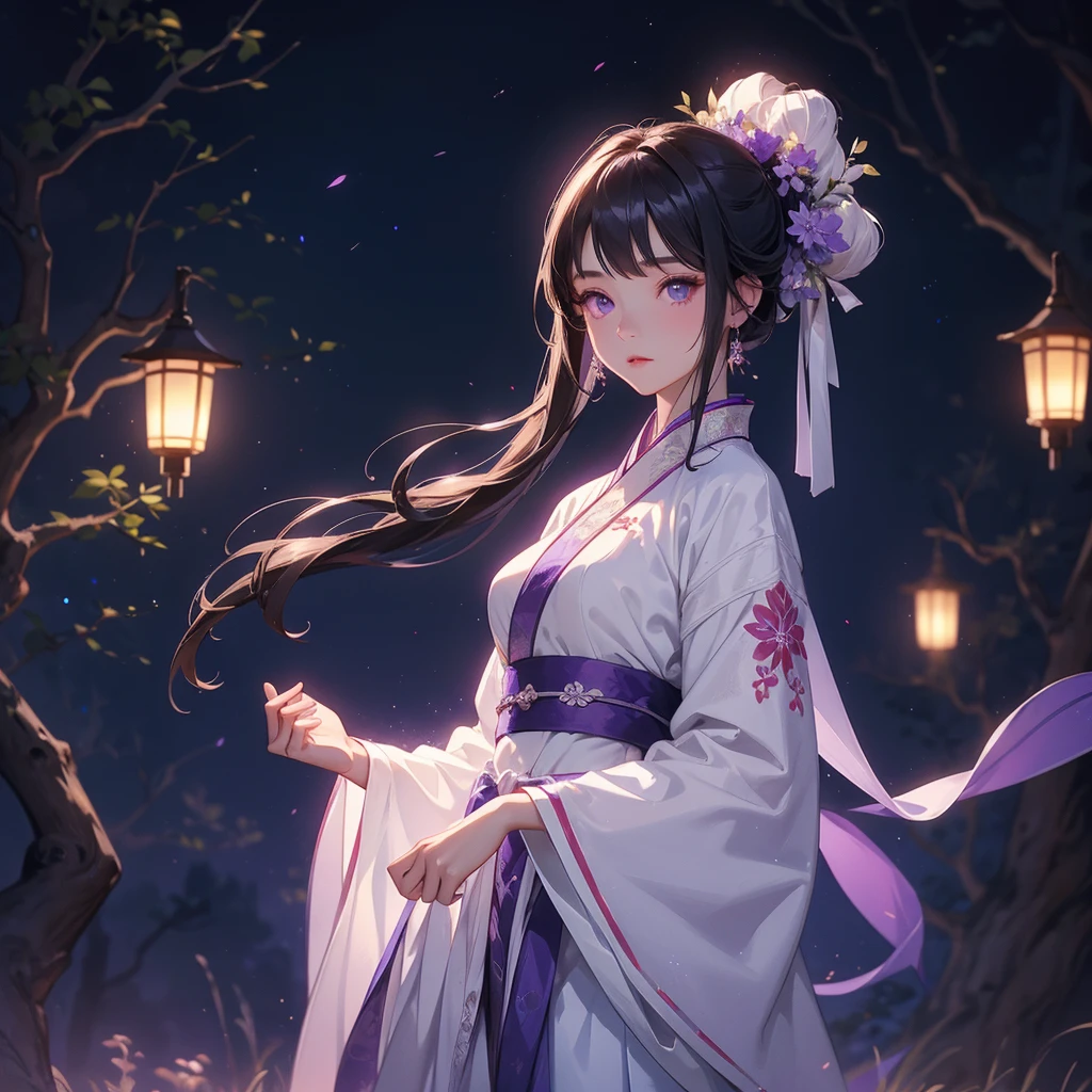 A beautiful female in white hanfu dress , Standing in the middle of Background is a dark moonless night, with dry trees in the background, and purple glowing light , close up.
