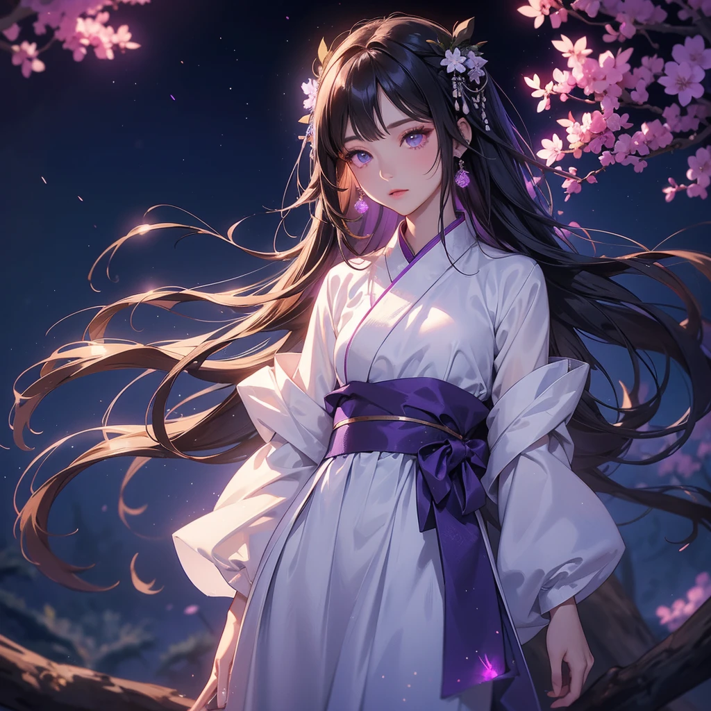 A beautiful female in white hanfu dress , Standing in the middle of Background is a dark moonless night, with dry trees in the background, and purple glowing light , close up.