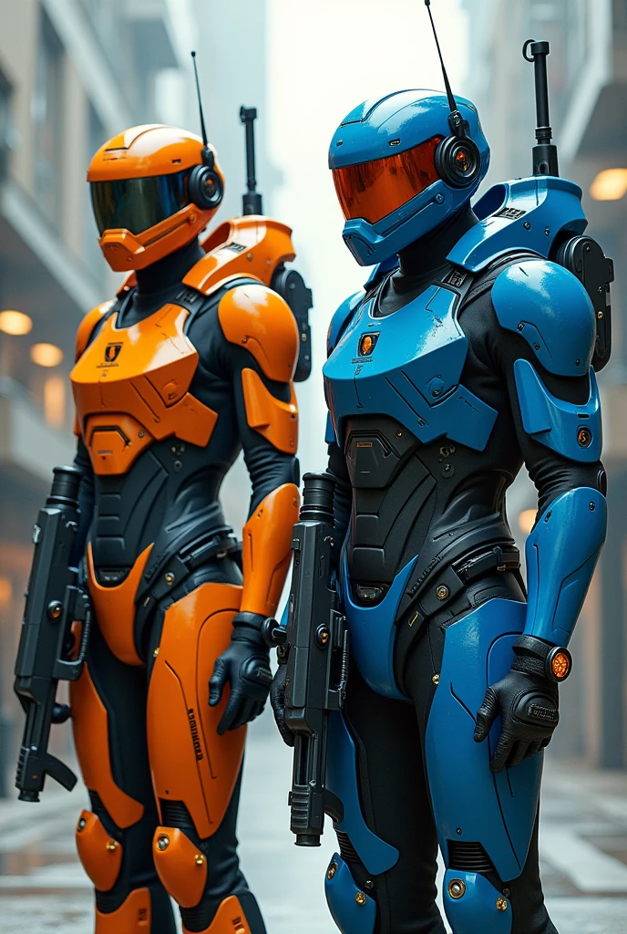 Soldiers in futuristic orange and blue armor with multiple antennas on the sides. In addition, He has two mini-machine guns on his legs.