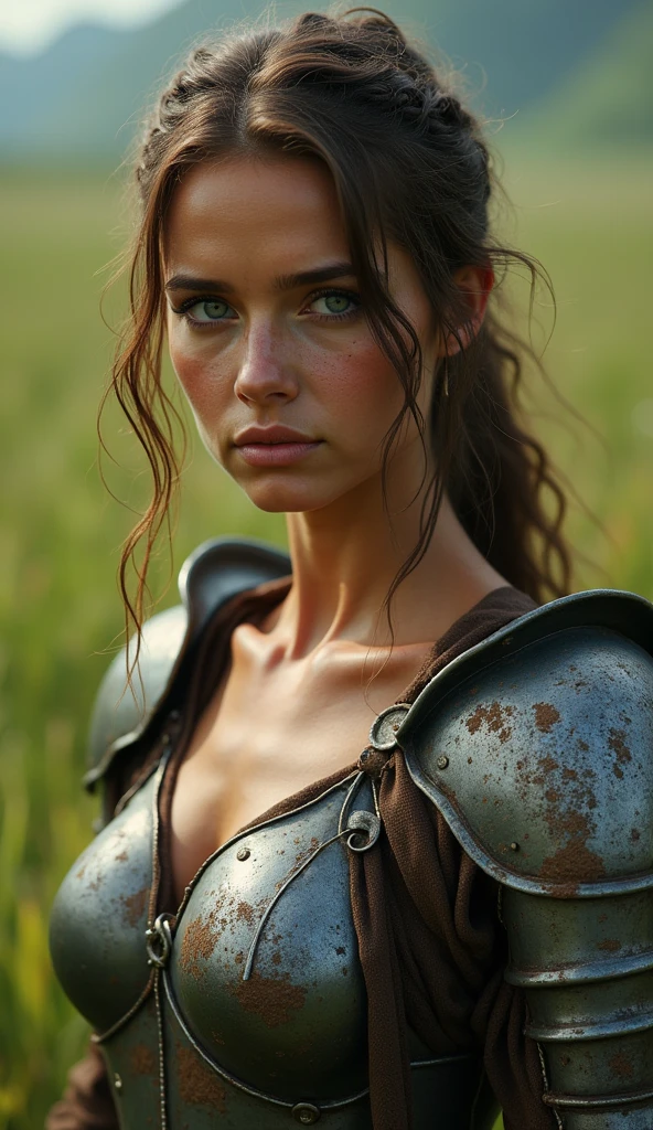 1 female, warrior, battle armor, worn out battle armor, cleavage, came from a battle, green fields background, 4k quality, very detailed, bokeh, great lighting, very sexy, slightly sweating, very serious face, full body portrait