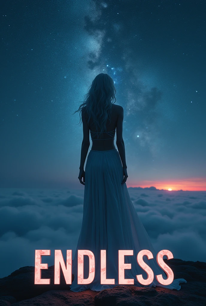 letter "Endless" written in large letters at the bottom of the screen, ((masterpiece, Highest quality, Best image quality, High resolution, reality, RAW Photos, 8k)), ((Highly detailed CG synthesis 8k wallpaper)), (Huge and stunning goddess photos, Very hot and sexy, Stunning beauty, Perfect Proportions, Beautiful body, A slim figure is beautiful:1.4), Midnight, Stars from the observation deck of a huge spaceship々Look up, Ancient Gods々The sky I look up to, The origin of humanity, Rear view,