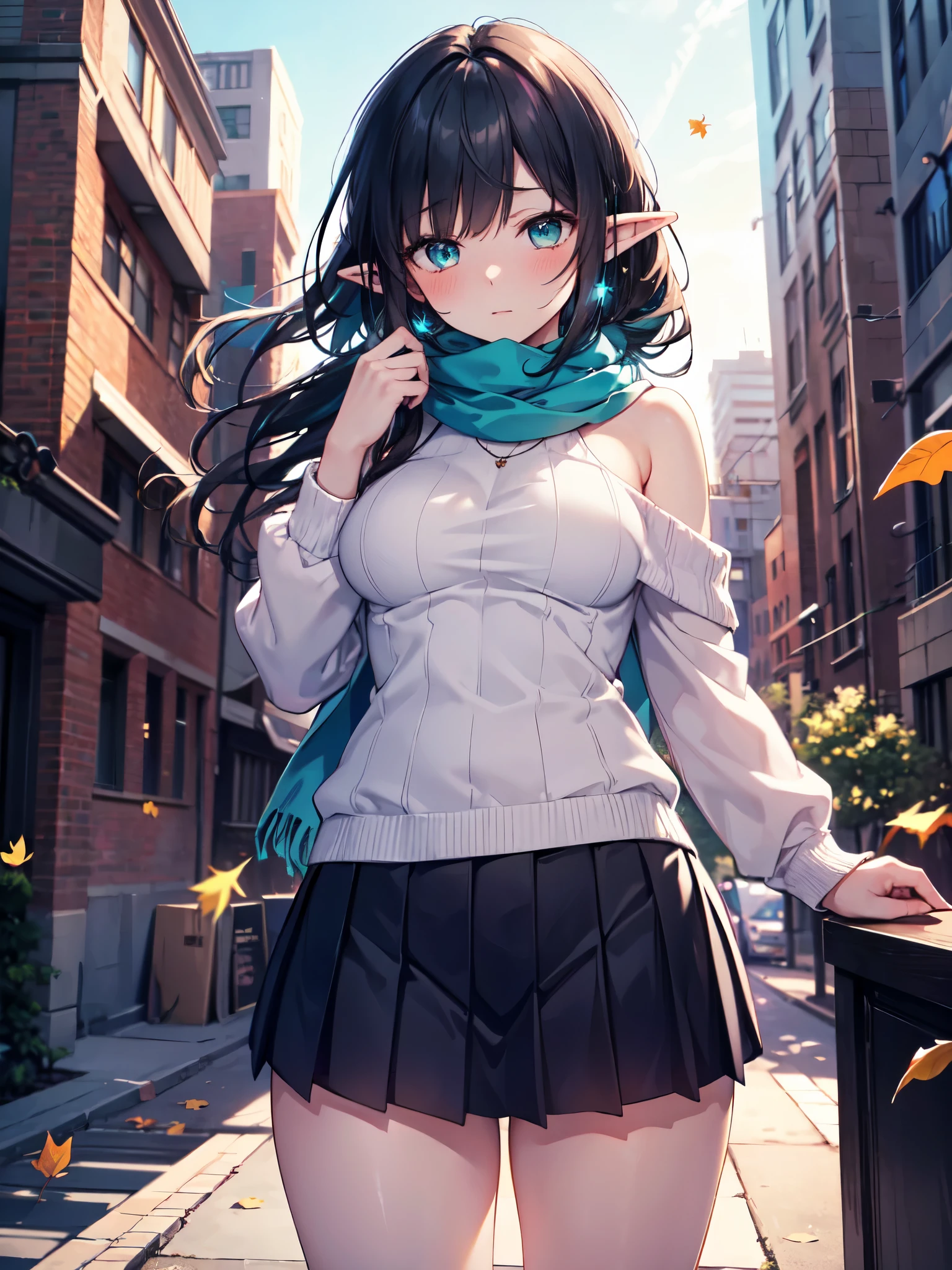 Realistic image, detailed and coherent image, 1 elf, turquoise eyes, black hair, very long hair, blushing, shy, She has a curvy body, medium breasts and thick thighs, She is wearing an off-shoulder sweater, with scarf, pleated mini skirt with embroidery, She is posing sensually, arching her back, leaves falling around, view from below, starry night, urban background, surrounded by buildings and people, soft focus, dramatic shadows, volumetric lighting, natural lighting, background of a park