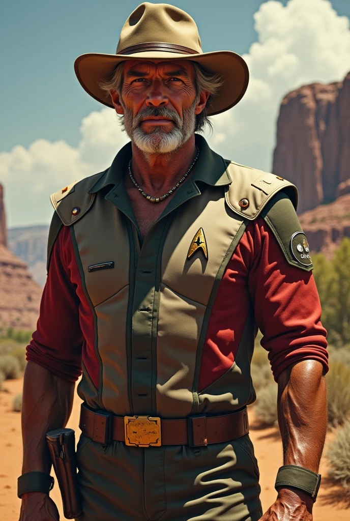 paul hogan in a star trek uniform with a crocadile dundee look australian