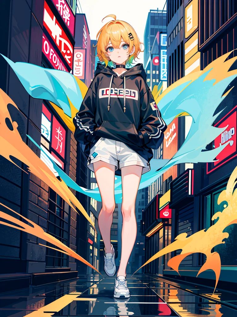 8K resolution、((top-quality))、((masterpiece))、((Ultra-detail))、1 woman、solo、incredibly absurdness、Oversized hoodies、headphones、Street、Plein Air、Sateen、Neon Street、Shortcut Hair、Brightly colored eyes、Hands in pockets、shortpants、water dripping