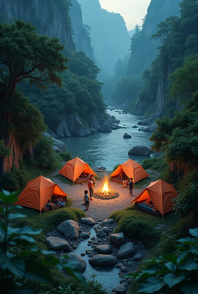 Photorealism realistic realism high quality images  big river river stream rock mountain campsite near the river bank with campfire at the middle  four tent  dusk mode picture from above  jungle rainforest scenery from above people cooking