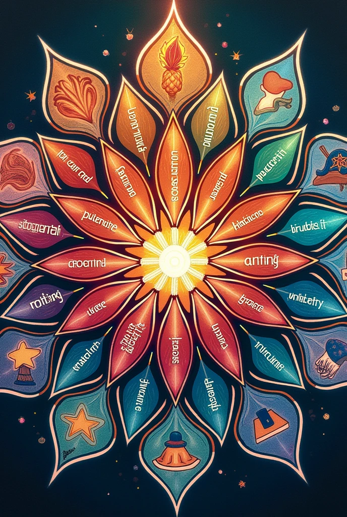 Create a mandala that meets these requirements 1In the center the title 2Ten petals with names of media 3 twenty petals with words related to the media 4 and seven petals with phrases related to the media