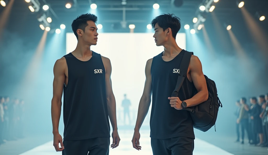 (photorealism:1.2), Two sportwear fashion handsome 18 yrs. old, k pop Asian male model, runway show full body holding sports bag pack, tank top casual wear style, SXR logo design, ultra-detailed, film photography, light leaks, trending on sportwear, sharp focus, studio photo, futuristic details, highly detailed