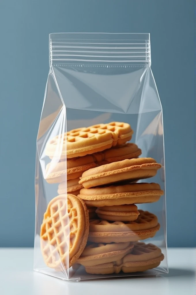 Flowpack packaging with transparent section for round waffle biscuits. Add candy caramel block and use dark blue and white colors.