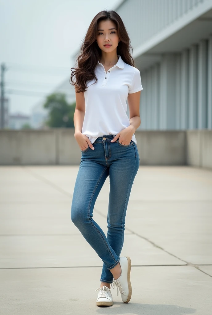 photorealistic photo+high resolution+very sharp+Thai women+Dark brown wavy hair+Perfectly beautiful face+Perfectly proportioned and well-built+Sexy+Wear a white polo shirt.+Jeans+Stand with one leg crossed+Wide concrete floor area