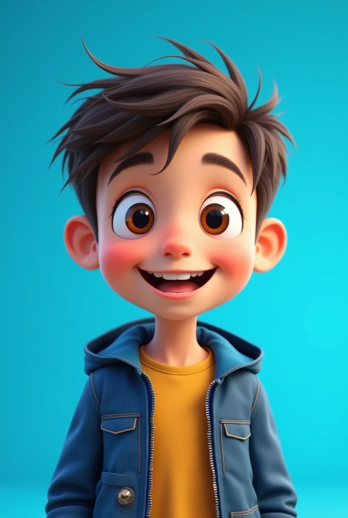 make me cartoon of boy with jacket and his face is smile with blue background