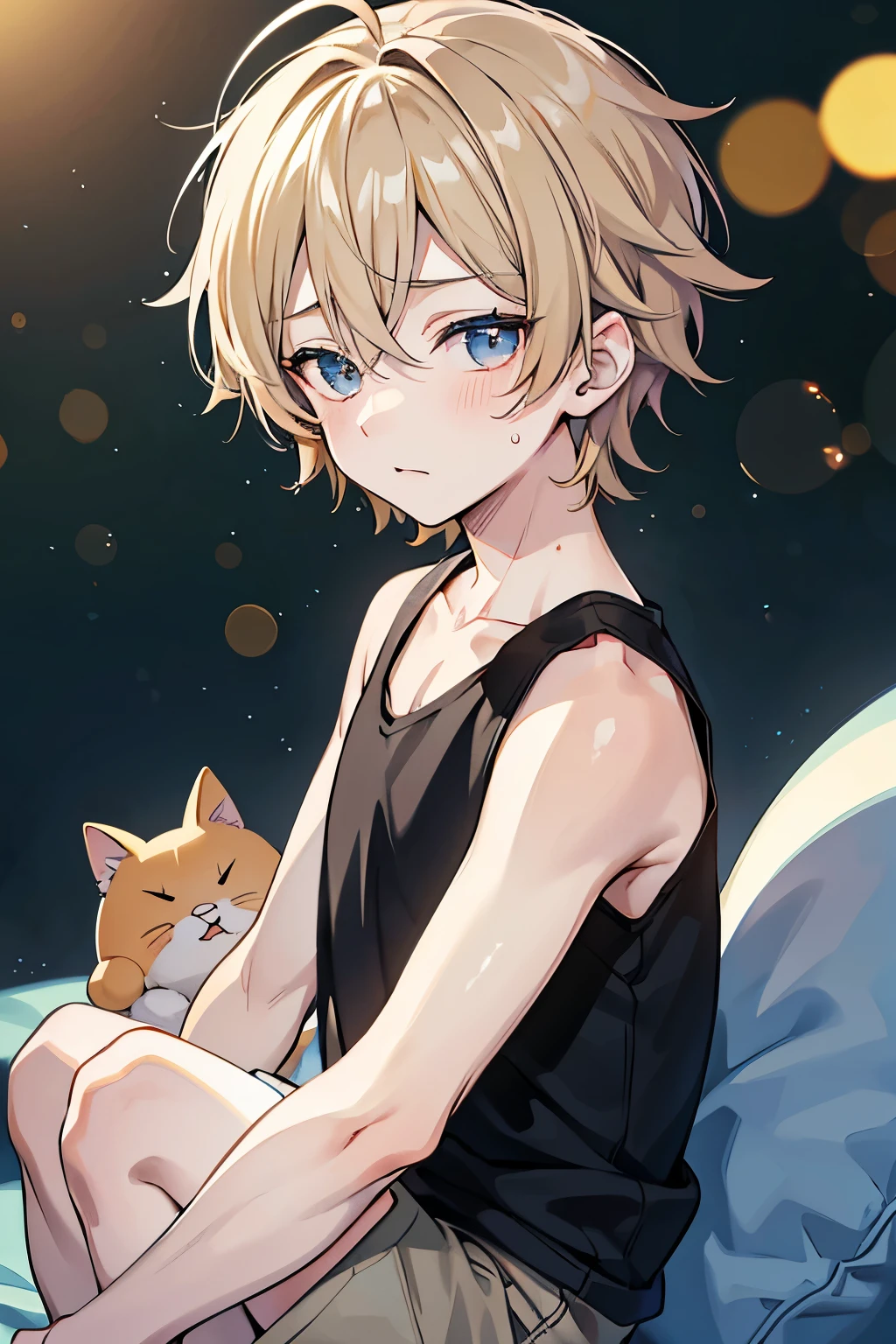 Highres, Masterpiece, Best quality at best,Best Quality,hight quality, hight detailed, Anime style, 2boy, teenager, cuddle, pretty face, Shota, young boy, t, 15-years-old, handsome, gay, yaoi, Hug, Tank top, (very young boy), (very small and short body), simple beckground, cute boy, Uhd, bokeh, sweat
