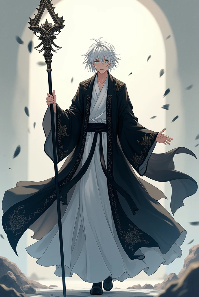 white-haired, white-eyed man wearing loose black and white clothing, He has a staff with a musical triangle. With anime drawing style 