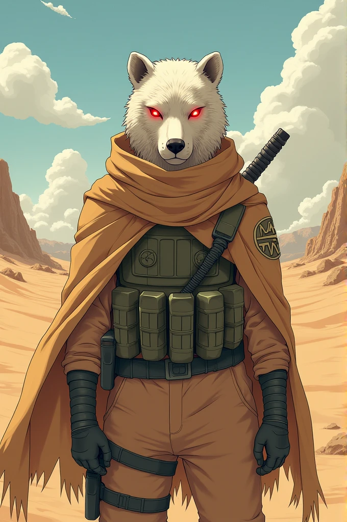 Desert soldier with polar bear mask with red eyes Naruto anime style