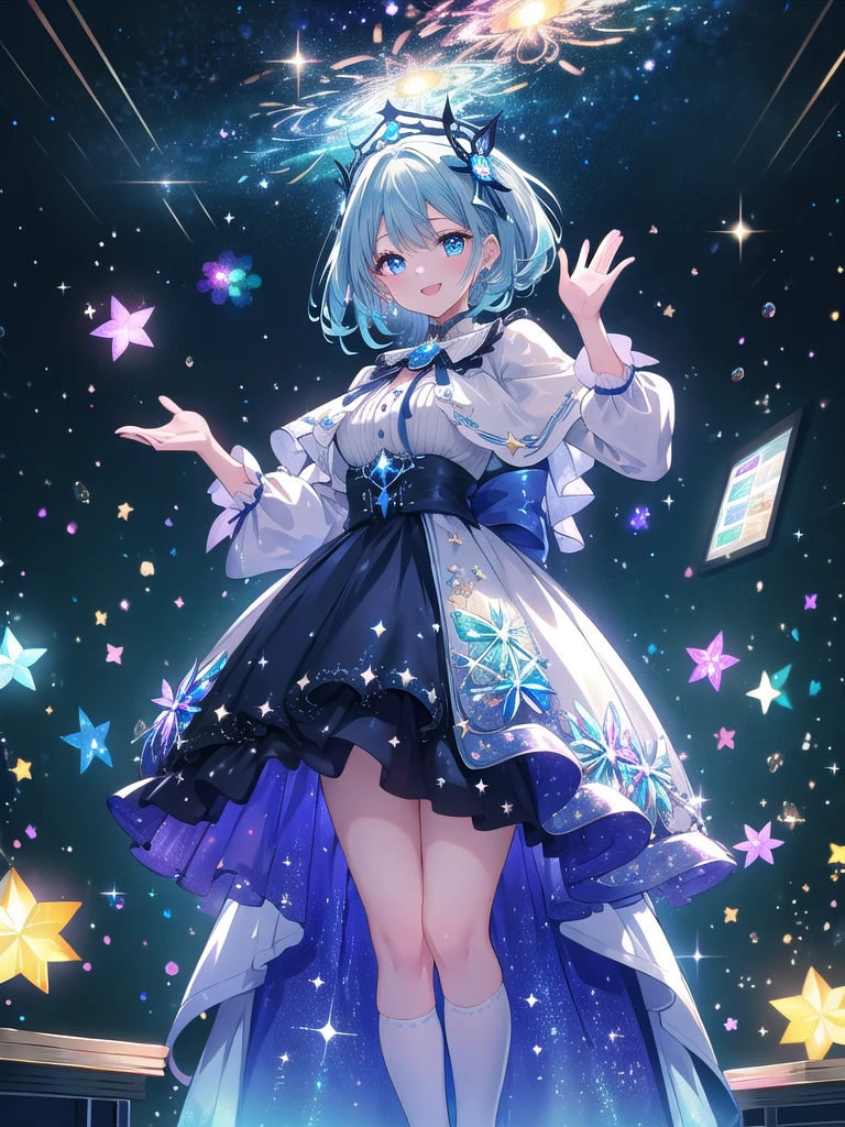 ((8k, Highest quality, masterpiece: 1.3)),Ultra-high resolution,(1 girl, alone), (Color changing eyes, Ultra-detailed, Expressive brilliance, Glitter, Glowing Eyes), Highly detailed eyes, Highly detailed face, Random Hair, ((pastel colour))Imagine a Vtuber character standing in her modern home studio, with sleek, light-colored wooden floors and a large bookshelf filled with books, plants, and small decor items. Her sky-blue hair is styled in straight, smooth strands that flow gracefully down her back, reaching her thighs, with a prominent star-shaped hair accessory adding a touch of stardust to her appearance. Her deep blue eyes are large and shining with excitement, her smile bright and inviting as she waves at the camera. She’s dressed in a white blouse adorned with a large, striking blue ribbon at the neck, which beautifully complements her large bust, adding a touch of sophistication and charm. She strikes a dynamic pose, with one hand waving cheerfully and the other resting on her hip, her expression full of joy and energy. The background features a professional streaming setup, including a microphone, a gaming chair, LED lights, and posters of starry skies on the walls, with sparkles and glowing effects subtly enhancing the scene’s lively, futuristic atmosphere.